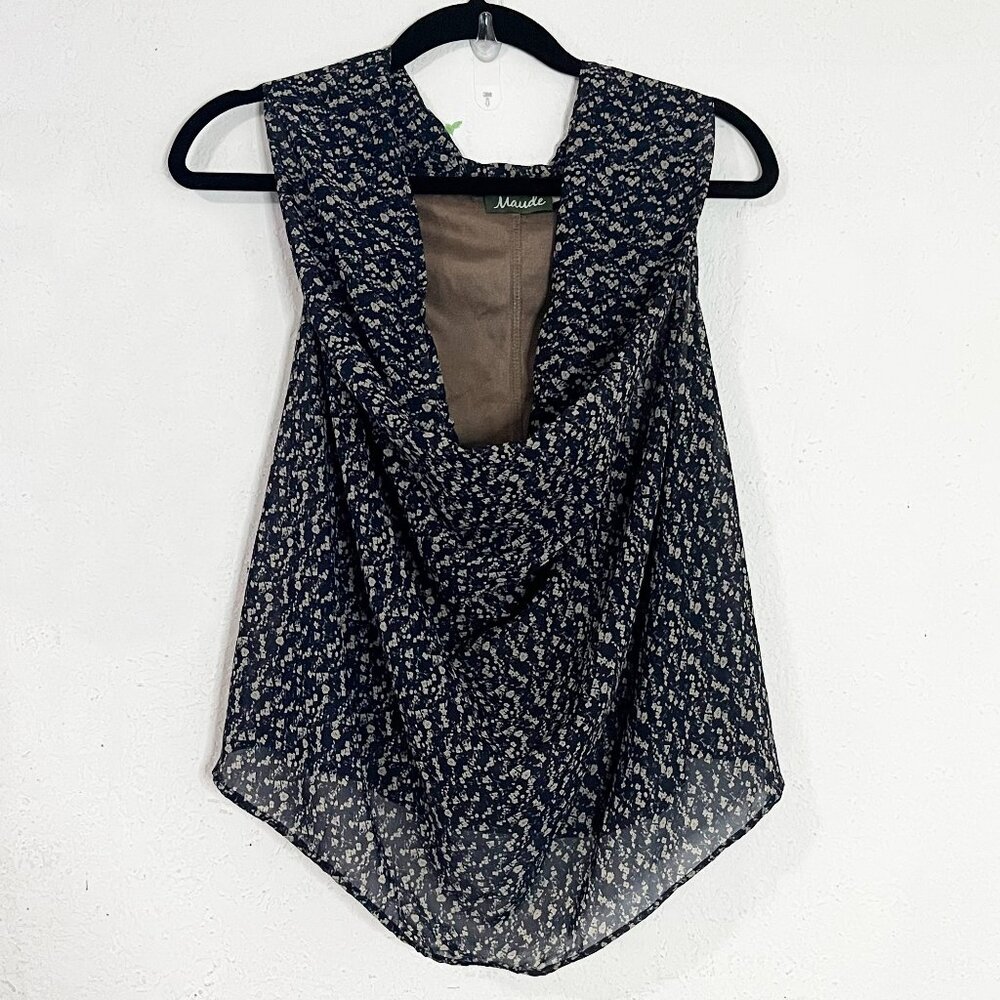 Maude Dark Blue Floral Print Cowl Neck Flowy‎ Blouse Size Medium